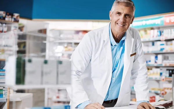 Choose Pharmacy Cares Your Health Pharmacist Working Drugstore — Stock Photo, Image