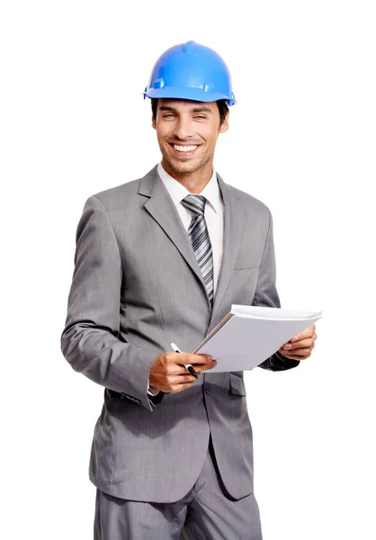 Confident Contractor Handsome Young Contractor Wearing Holding His Notes While — Stock Photo, Image