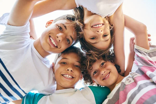 Portrait Low Angle Group Happy Siblings Huddled Together Hug Solidarity — Stock Photo, Image