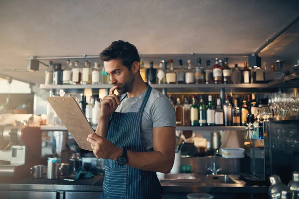 Man Restaurant Checklist Clipboard Inventory Check Small Business Entrepreneur Hospitality — Stock Photo, Image