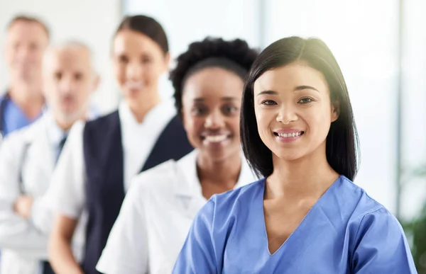 Sorriso Equipe Retrato Médicos Enfermeiros Hospital Apoio Trabalho Equipe Área — Fotografia de Stock