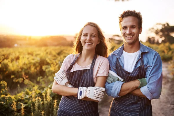 幸福的夫妇 交叉的双臂和肖像农场 户外农业植物 食物和蔬菜 以及在农村 花园或农场一起幸福地开始或可持续发展 — 图库照片