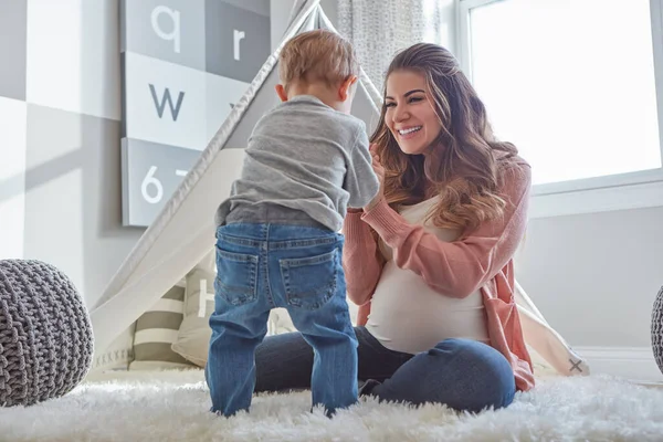 You Ready Big Brother Pregnant Woman Bonding Her Toddler Son — Stock Photo, Image