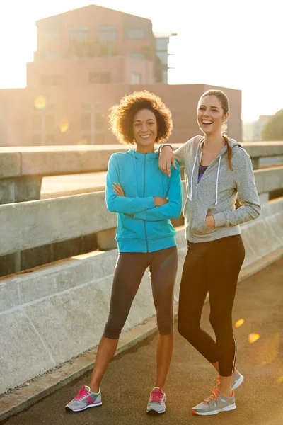Even Jogging Laugh Were Together Portrait Two Female Joggers Standing — Stock Photo, Image