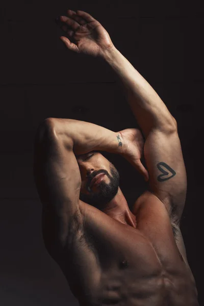 Man Body Muscle Black Background Studio Fitness Goals Workout Training —  Fotos de Stock