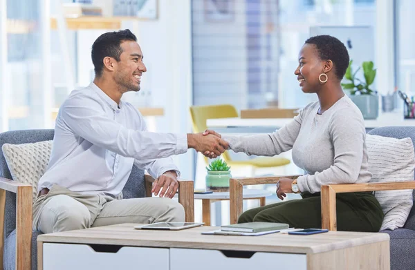 Turn Your Goals Actions Two Businesspeople Shaking Hands While Sitting — Stock Photo, Image