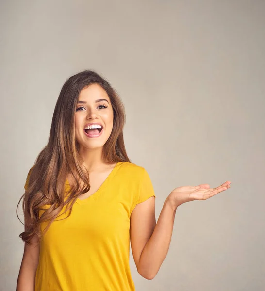 Youll Excited Too Attractive Young Woman Supporting Copy Space Her — Stock Photo, Image