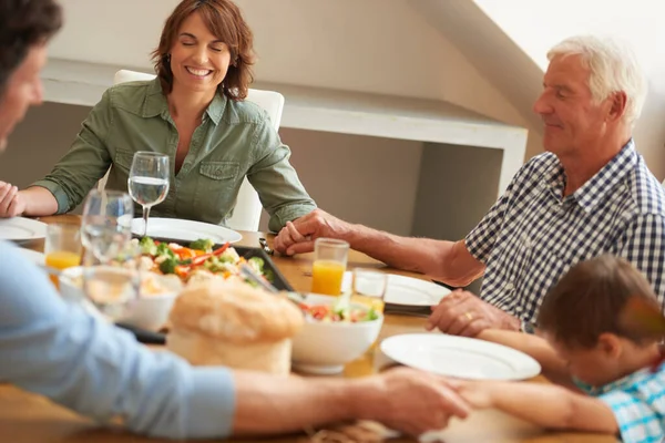 Thank You Love Happiness Good Food Family Praying Together Having — Stock Photo, Image