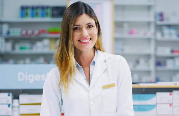 Pastillas Farmacia Retrato Farmacéutico Mujer Feliz Farmacia Servicio Farmacéutico Tienda —  Fotos de Stock