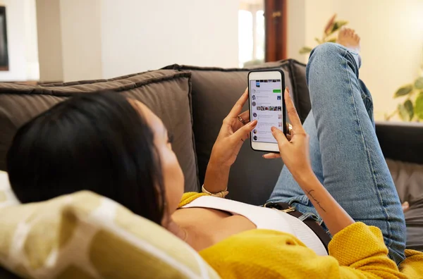 Phone Hands Woman Social Media Sofa Home Living Room Typing — Stock Photo, Image