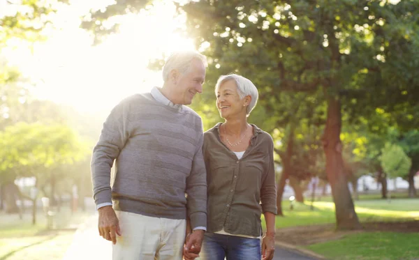 Senior Couple Walking Holding Hands Outdoor Park Love Care Support — Stock Photo, Image