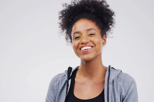 Retrato Maqueta Mujer Negra Con Una Sonrisa Fitness Chica Confiada — Foto de Stock