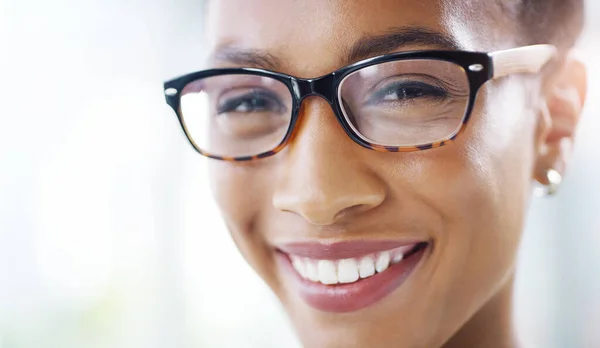 Mulher Feliz Rosto Com Óculos Visão Com Cuidado Ocular Lente — Fotografia de Stock