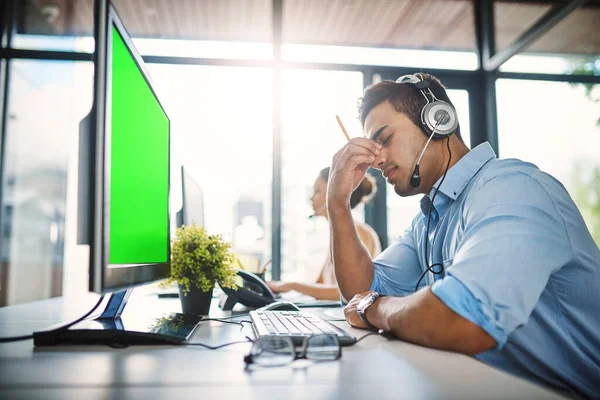 Businessman Call Center Headache Green Screen Burnout Stress Overworked Office — Stock Photo, Image