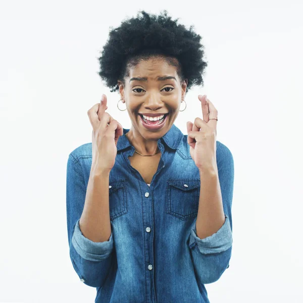Deseo Mujer Negra Retrato Con Los Dedos Cruzados Con Esperanza —  Fotos de Stock