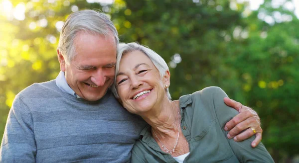 Laughing Love Senior Couple Park Together Hugging Care Happiness Romance — Stock Photo, Image