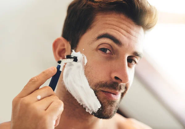 Portrait Man Shaving Face Razor Hair Removal Aesthetic Skincare Morning — Stock Photo, Image