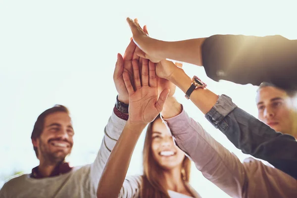 stock image Business people, hands and high five for winning, collaboration or success in unity outdoors. Happy group touching hand for teamwork, victory win or team building in solidarity together in nature.