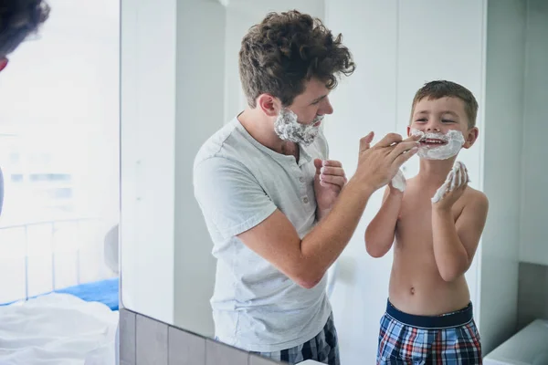 Father Child Learning Shave Bathroom Having Fun Bonding Together Smile — Stock Photo, Image