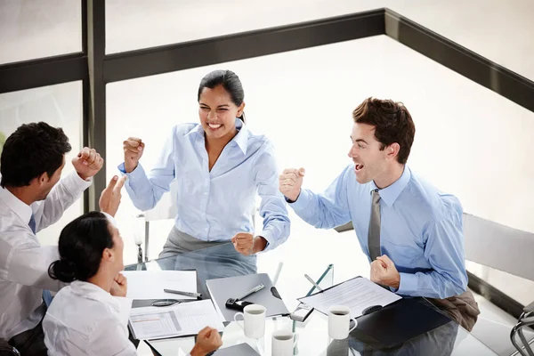 Did Group Excited Businesspeople Celebrating Success Boardroom — Stock Photo, Image