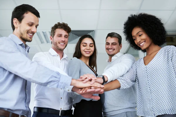 Always Back Each Other Group Businesspeople Joining Hands Together Huddle — Stock Photo, Image