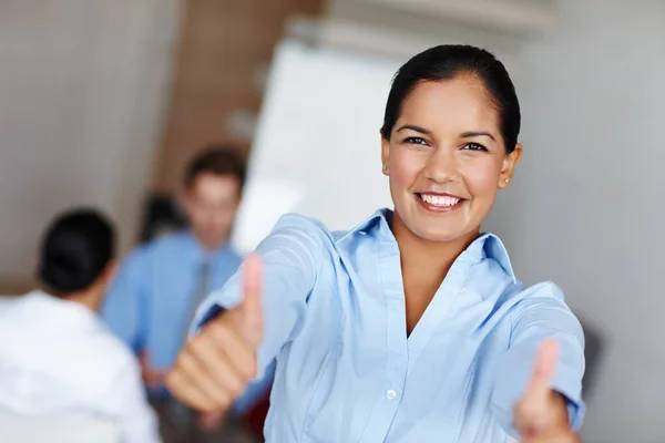 Approve Pretty Businesswoman Giving You Excited Thumbs Stock Image
