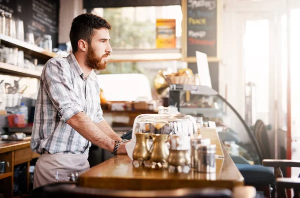 Waiting His First Customer Young Man Working Coffee Shop — Stock Photo, Image