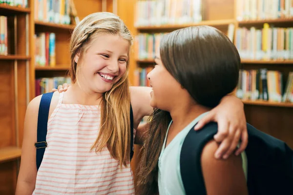 You Best Friend Two Cheerful Young School Girls Standing Arms — Stock Photo, Image