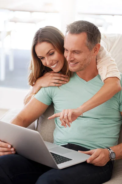 Laptop Pointing Mature Couple Home Internet Online Planning Website Check — Stock Photo, Image