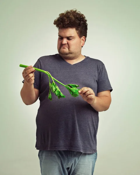 Interessant Exemplaar Een Ongelukkige Man Met Overgewicht Die Een Selderijstok — Stockfoto