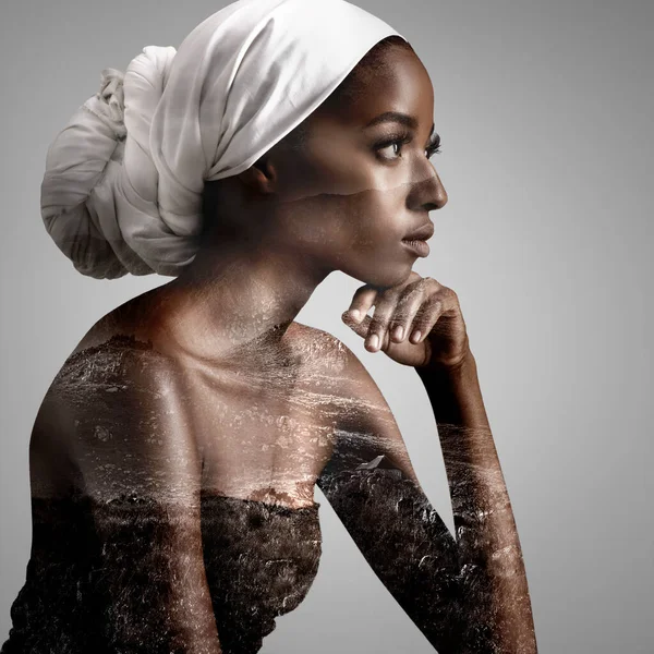Thinking, beauty and double exposure with black woman in studio for profile, mockup and cosmetics. Abstract, art and overlay with face of female model isolated on gray background for nature and trees.