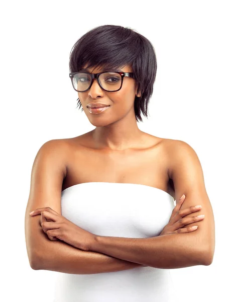 Looking Intelligent Beauty Studio Portrait Smiling African Woman Wearing Spectacles — Stock Photo, Image