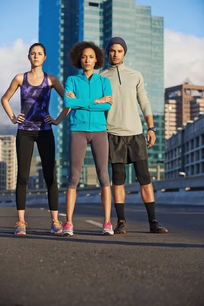 Time Get Physical Portrait Three Young Joggers Standing Empty Road — Stock Photo, Image