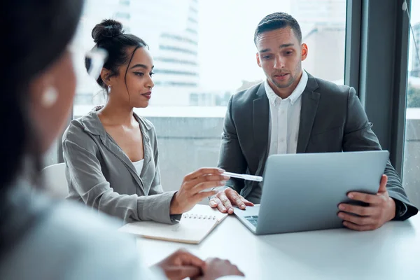 stock image Business people, laptop and planning strategy for management analysis, training and sales marketing in modern office. Teamwork, employee meeting and corporate discussion with digital tech device.