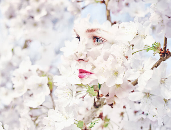 Woman, flowers and double exposure with cherry blossom tree in nature outdoor. Spring, female model and creative art with flower and beauty with blooming or winter plants overlay with a lady thinking.