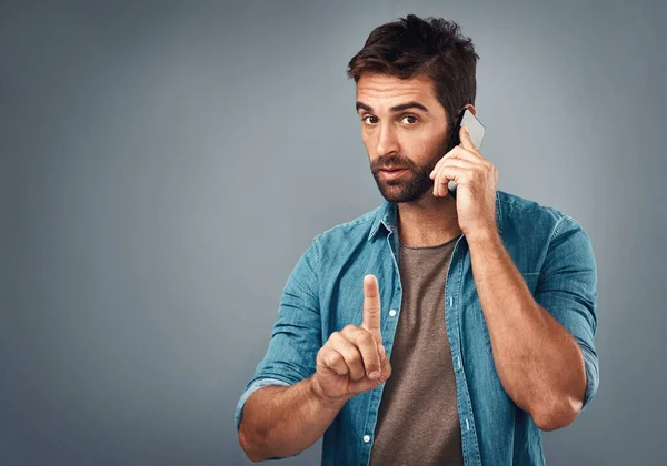 Please Hold While Tale Call Studio Shot Handsome Young Man — Stock Photo, Image