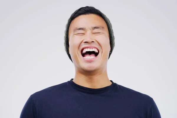 Happy Laughing Man Studio Casual Outfit Excited Comic Joke Funny — Stock Photo, Image