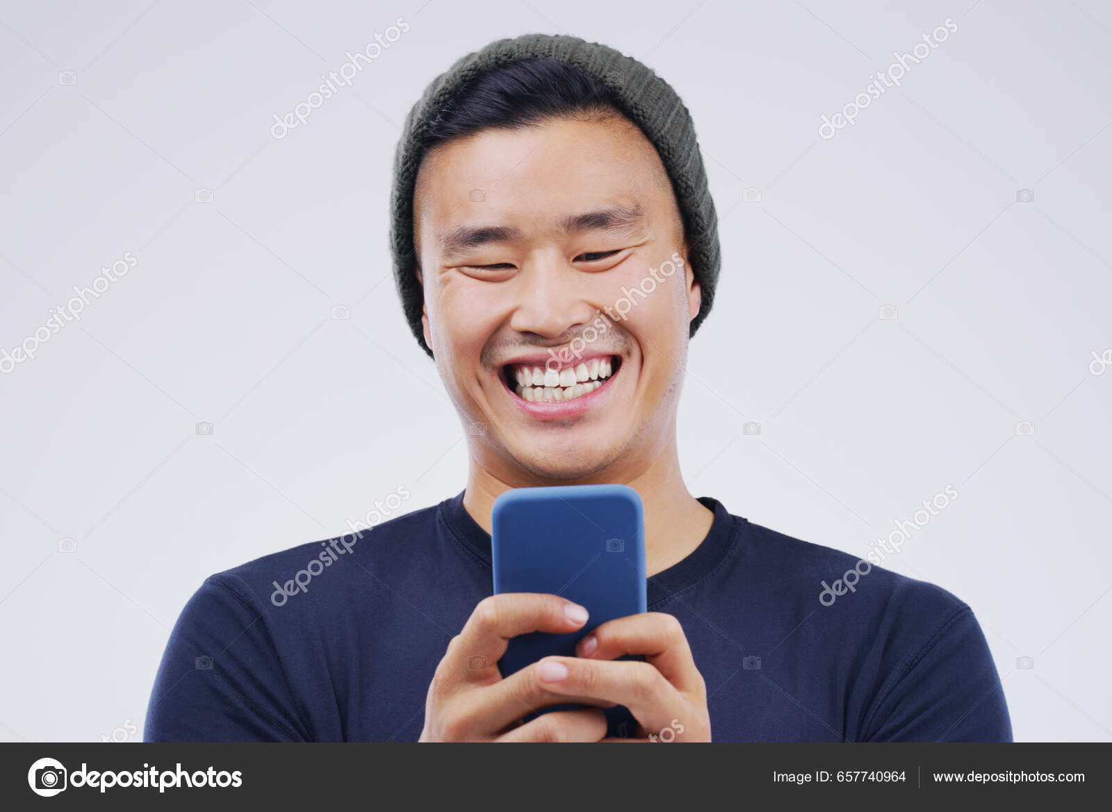 Phone Laugh Asian Man Online Studio Smile Social Media Internet