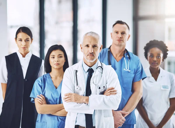 의사와 병원내 간호사와 의사의 초상화 관리에 팀워크 다양성 자신있는 지도자와 — 스톡 사진