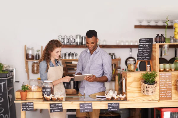 Restaurant Owners Tablet Teamwork People Manage Orders Discussion Store Waiters — Stock Photo, Image