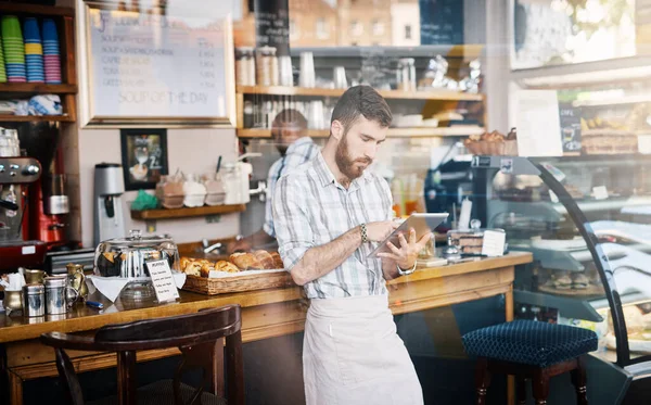 Tablet Small Business Barista Doing Inventory While Working Startup Plan — Stock Photo, Image