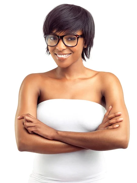 Shes Positive Her Future Portrait Smiling African Woman Wearing Spectacles — Stock Photo, Image