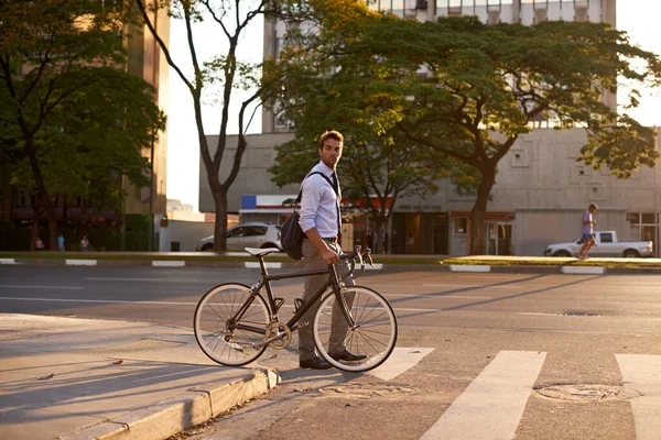 Crosswalk Bike Business Man City Morning Sustainable Travel Carbon Footprint — Stock Photo, Image