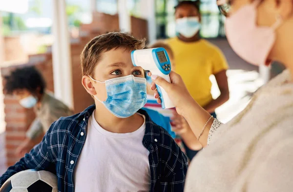 Temperature Check Please Young Boy Wearing Mask Getting His Temperature — Stock Photo, Image
