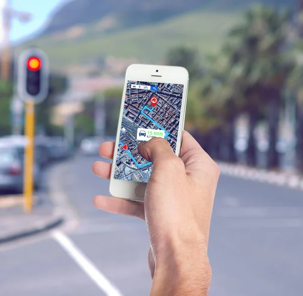 stock image Hand, roadmap and hand with cellphone in the city for travel, discovery or sightseeing direction. Technology, location and phone with online navigation app for trip route in urban town street or road.