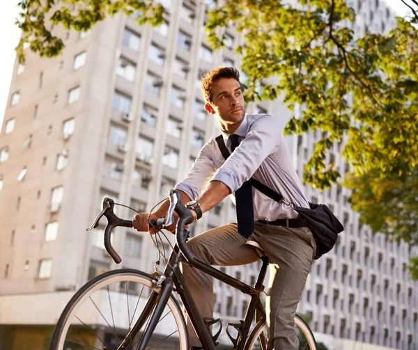 Cycling Bicycle Business Man City Commute Carbon Neutral Transportation Sustainable — Stock Photo, Image
