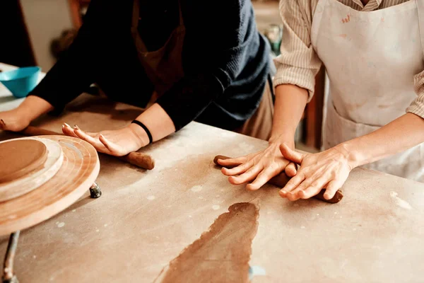 Just Follow Lead Two Artisans Working Together Pottery Workshop — Stock Photo, Image