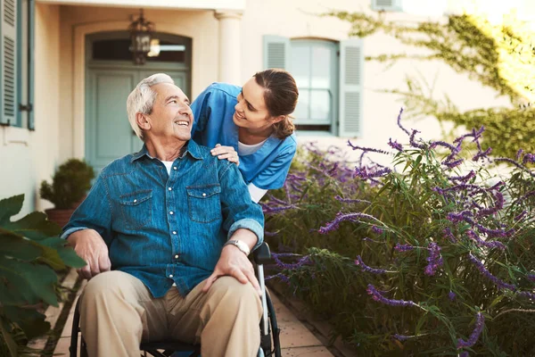Senior Man Nurse Wheelchair Healthcare Support Life Insurance Garden Walk — Stock Photo, Image