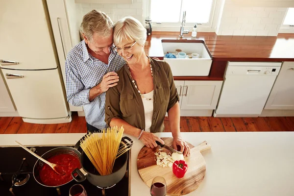 Affection Hug Happy Old Couple Kitchen Cooking Love Healthy Food — Stock Photo, Image