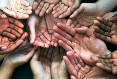 Open hands support, diversity and together with community, solidarity and help. Trust, faith and charity hand gesture with people and collaboration with crowd show palm and society and commitment. clipart